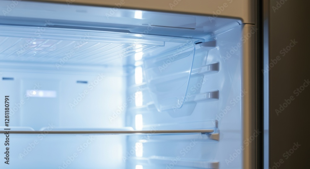 Empty open refrigerator interior with bright led lights and shelves Empty open refrigerator interior with bright led lights and shelves