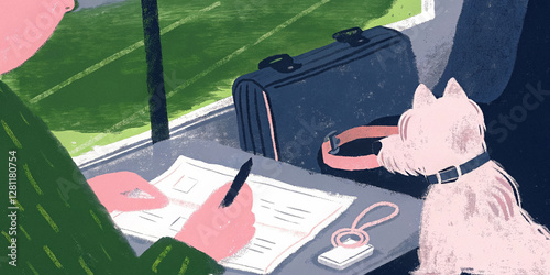 Pet owner organizing travel documents and health essentials for trip preparation