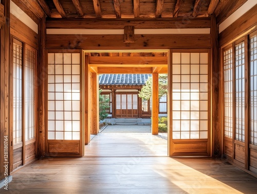 A wooden interior with views of a beautiful courtyard