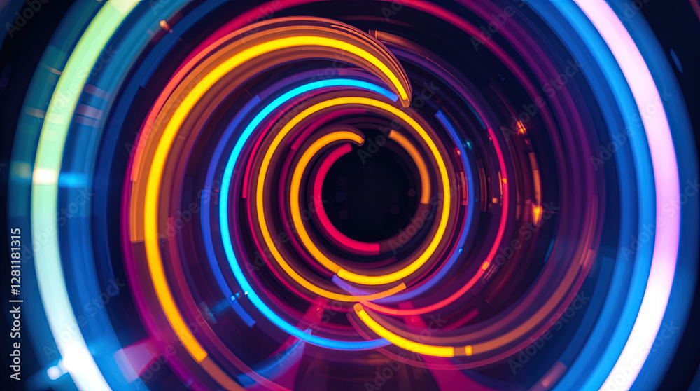 abstract astral corridor-portal with bright neon light effects, spirals of light