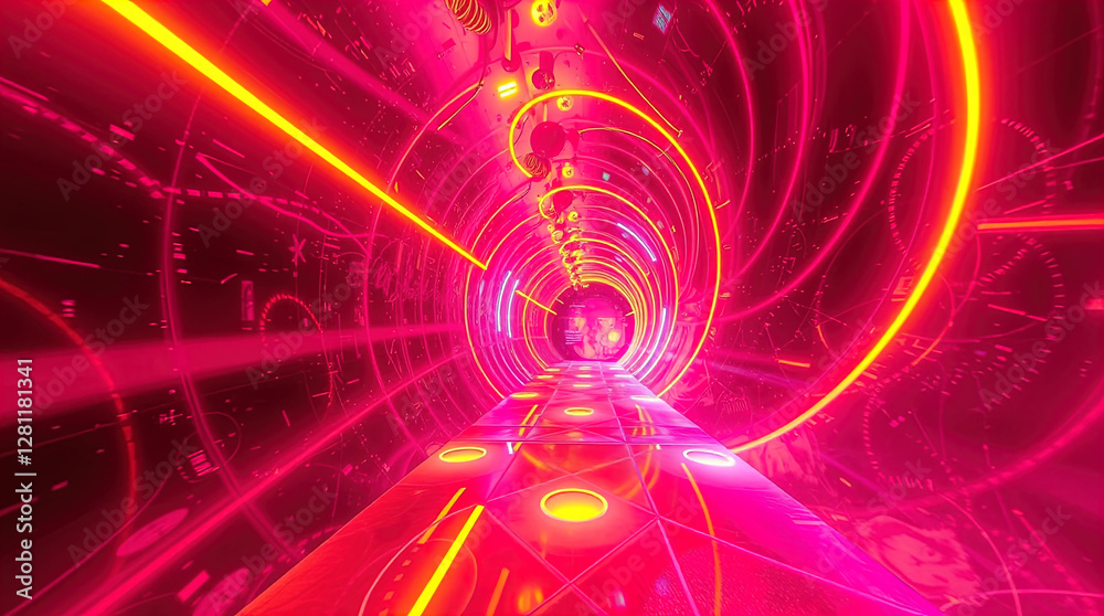 abstract astral corridor-portal with bright neon light effects, spirals of light