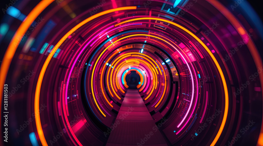 abstract astral corridor-portal with bright neon light effects, spirals of light