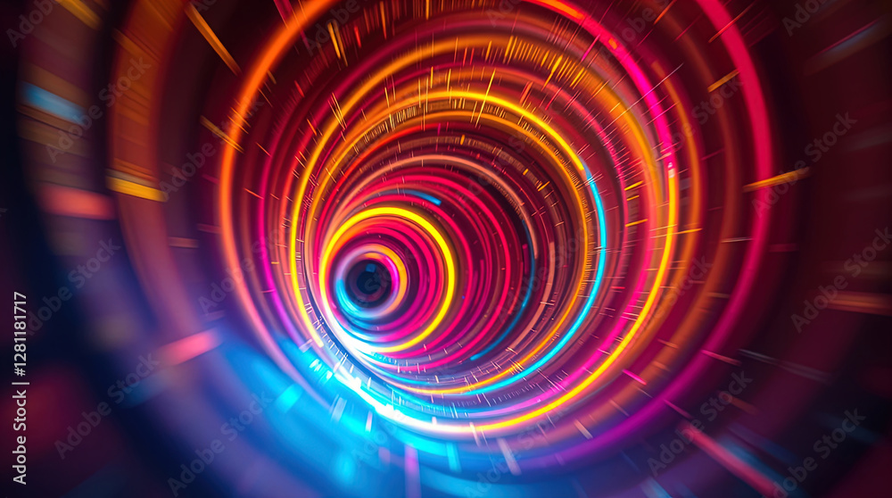 abstract astral corridor-portal with bright neon light effects, spirals of light