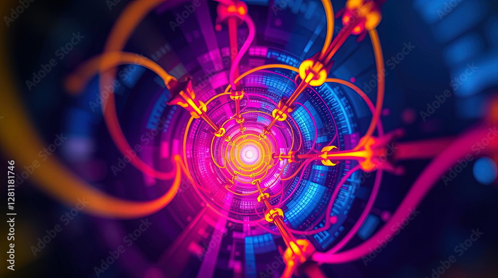 abstract astral corridor-portal with bright neon light effects, spirals of light