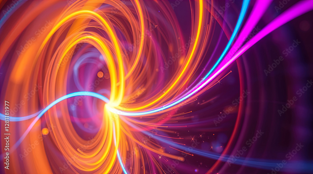 abstract astral corridor-portal with bright neon light effects, spirals of light