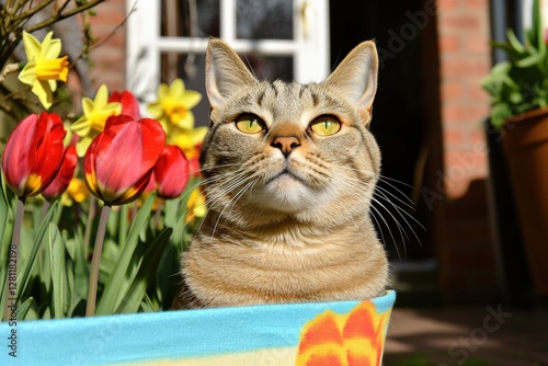 Curious Cat Among Spring Tulips Garden Animal Photography Outdoor Close-Up Nature Exploration photo