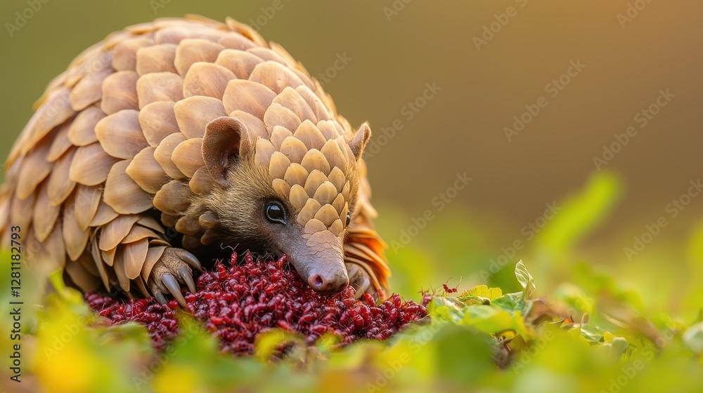 Fototapeta premium Delightful Pangolin Feasting on Ants in a Natural Green Habitat