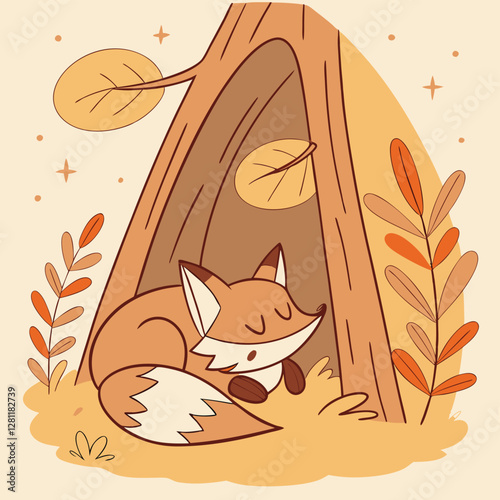 Cute Cartoon Fox Sleeping in Tree Hollow: Autumn Illustration, Cozy Fall Animal Art, Vector Graphic for Kids & Nature Lovers