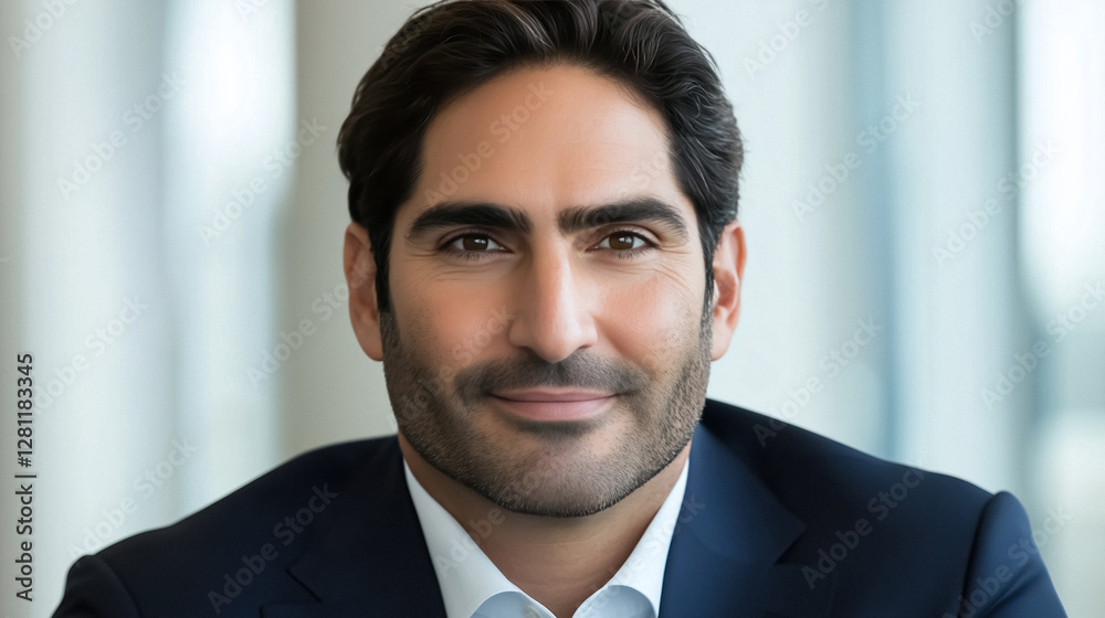 Portrait of confident man with dark hair and beard wearing suit and white shirt in professional setting Portrait of confident man with dark hair and beard wearing suit and white shirt in professional setting