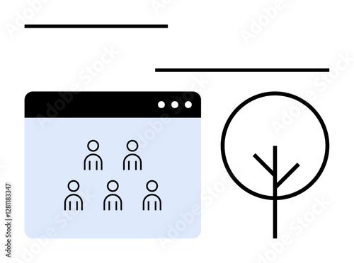 Web interface with six user icons alongside a simplistic tree outline. Ideal for teamwork, remote work, education, sustainability, minimalism, digital interaction, abstract line flat metaphor