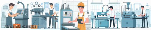 Vector of a young man working on a factory machine.