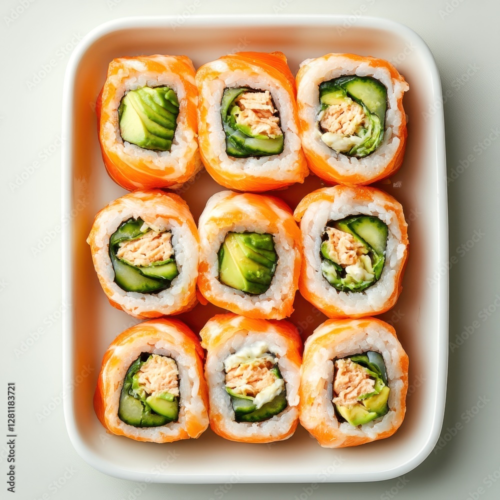 Fresh and Colorful Sushi Rolls Served on a Plate with Avocado and Cucumber for a Tempting Culinary Experience Fresh and Colorful Sushi Rolls Served on a Plate with Avocado and Cucumber for a Tempting Culinary Experience