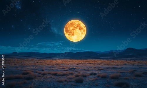 Golden Full Moon Rising Over Desert Landscape with Blue Nocturnal Sky and Starry Background Reflections in Desert Floor, Generative AI