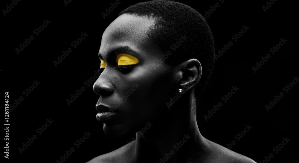 Profile of african female with yellow eyelids in dramatic black and white portrait Profile of african female with yellow eyelids in dramatic black and white portrait