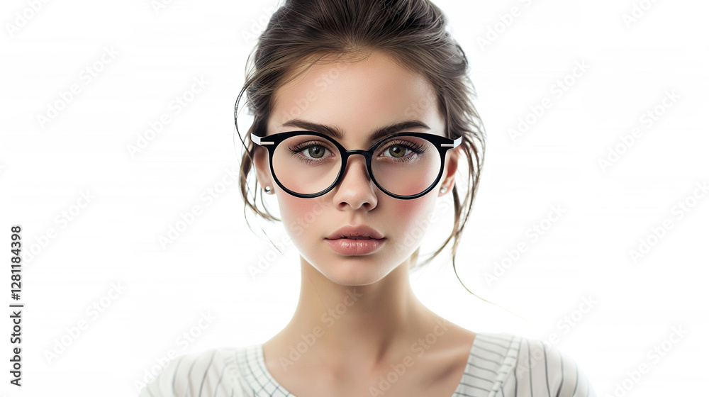 A Realistic Portrait of a Young Woman Wearing Black Glasses Isolated on White Background A Realistic Portrait of a Young Woman Wearing Black Glasses Isolated on White Background