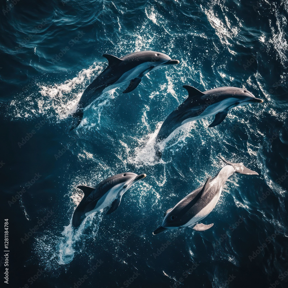Naklejka premium Aerial view of dolphins leaping in the ocean