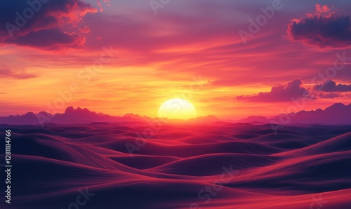 a stunning sunset over rolling desert dunes with vibrant colors of orange, red and purple in the sky. It is a peaceful and tranquil scene