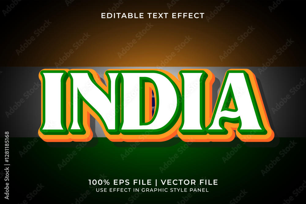 Obraz premium India 3D Editable Vector Text Effect. Orange and Green Text Effect. Editable Text Template