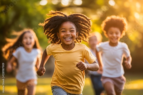 Joyful children playing in the warm sun, embracing the freedom of a summer afternoon in a lush park, Black children, African American kids, childhood joy, playing together, running in the park