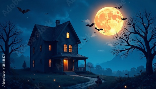 Spooky haunted house with ghosts and bats on full moon night, bats, Halloween, background