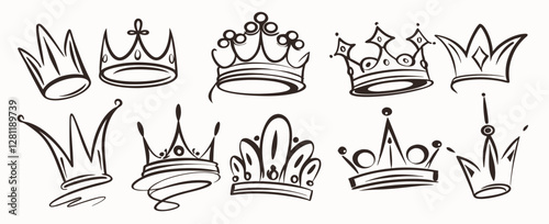 Hand-Drawn Crown Icons: 10 Regal Designs, Vector Line Art.