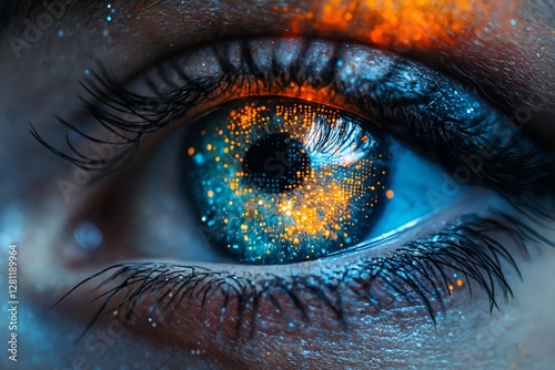 Un ojo humano con un efecto visual vibrante que muestra destellos de luz y color naranja y azul. photo