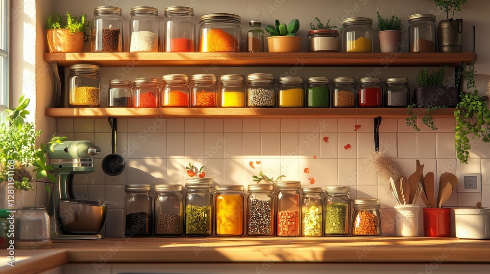 Organized kitchen shelf with spices and grains in jars, plants, and utensils