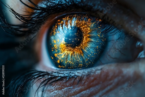 Un ojo humano con un reflejo futurista lleno de luces brillantes y detalles de una ciudad. photo