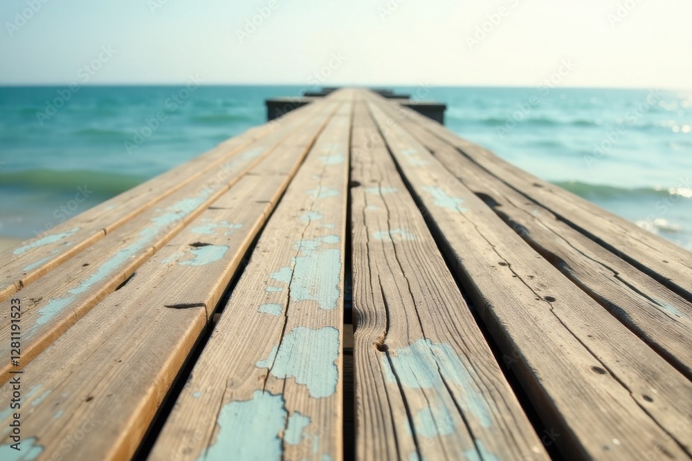 Fototapeta premium A weathered wooden seaside walkway extends towards the horizon, showcasing the beauty of aged timber and the calming ocean view.