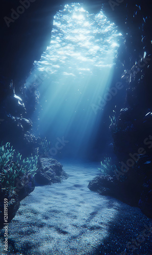 Underwater cave with sunbeams penetrating the water surface, creating ethereal glow