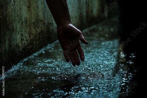 Una mano se extiende hacia un canal de agua, reflejando un ambiente oscuro y misterioso.