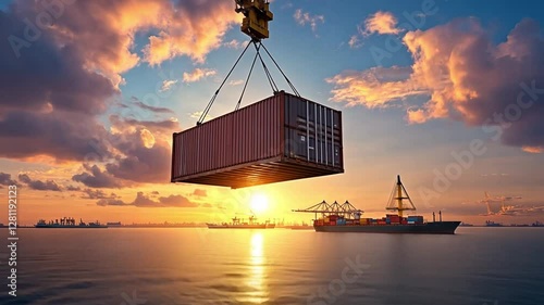 Global Trade at Sunset: A container suspended in mid-air by a crane, with a cargo ship in the background, all bathed in the warm light of a sunset. Capturing the essence of international commerce.