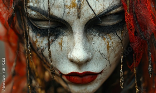 Elegant Puppet with Intricate Face Painted in Mystical Setting, Close-Up Detail, Marionette Artistry, Gothic Theme with Dark Romantic Makeup, Striking, Generative AI