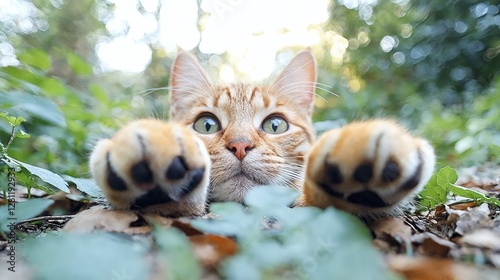 La escena muestra a un gato atigrado en un entorno natural, con grandes ojos curiosos y patas extendidas. photo