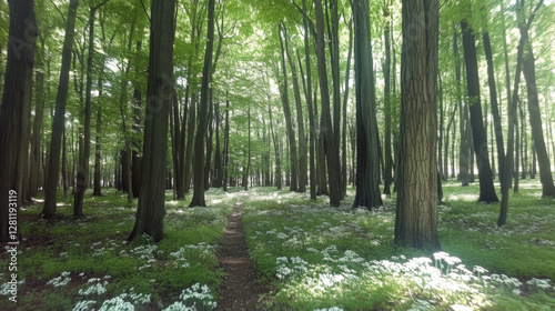 Wallpaper Mural A nature background showcasing a dense forest with towering trees, dappled sunlight filtering through the leaves, and a carpet of wildflowers, capturing the essence of untouched natural beauty 05 Torontodigital.ca