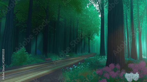 Wallpaper Mural A nature background showcasing a dense forest with towering trees, dappled sunlight filtering through the leaves, and a carpet of wildflowers, capturing the essence of untouched natural beauty 08 Torontodigital.ca