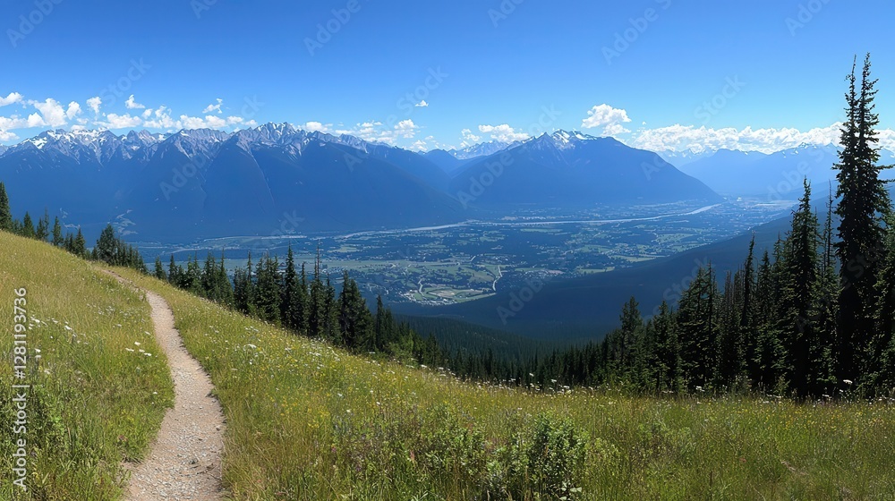 Obraz premium Mountain Vista Trail Wildflowers Coniferous Forest and Panoramic Valley View