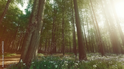 Wallpaper Mural A nature background showcasing a dense forest with towering trees, dappled sunlight filtering through the leaves, and a carpet of wildflowers, capturing the essence of untouched natural beauty 19 Torontodigital.ca