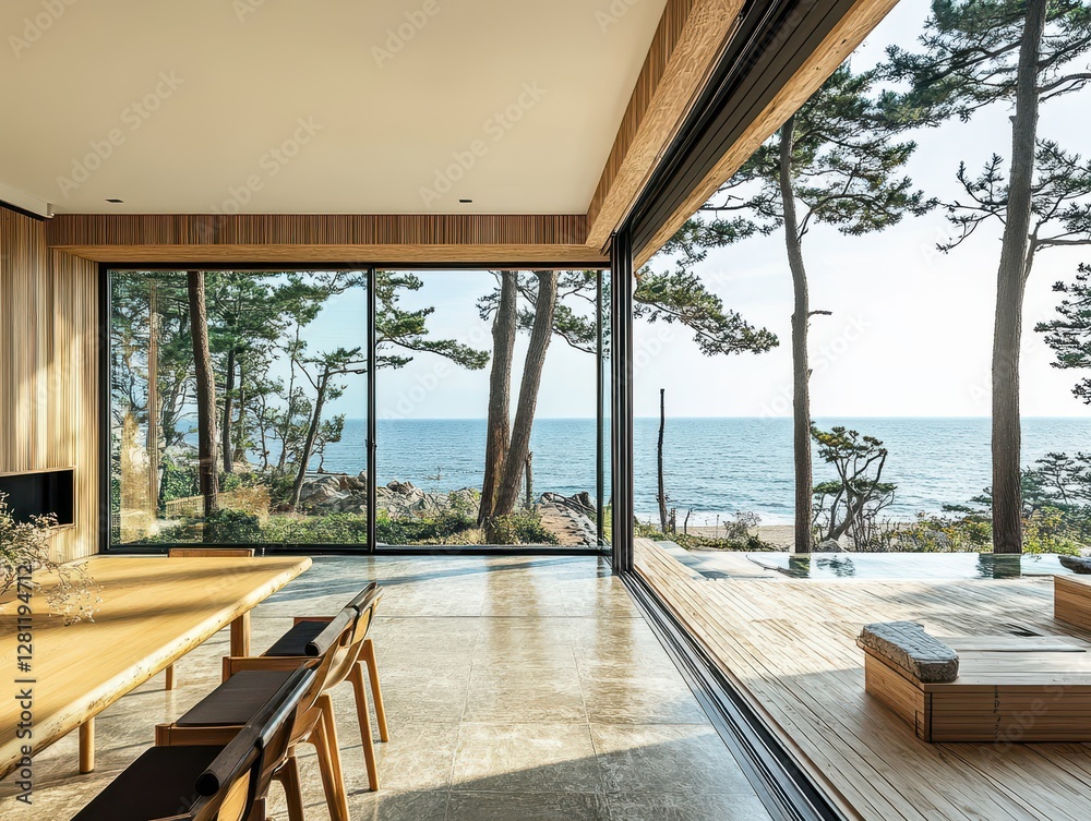 Fototapeta premium Living space with sea views and floor to ceiling sliding glass doors