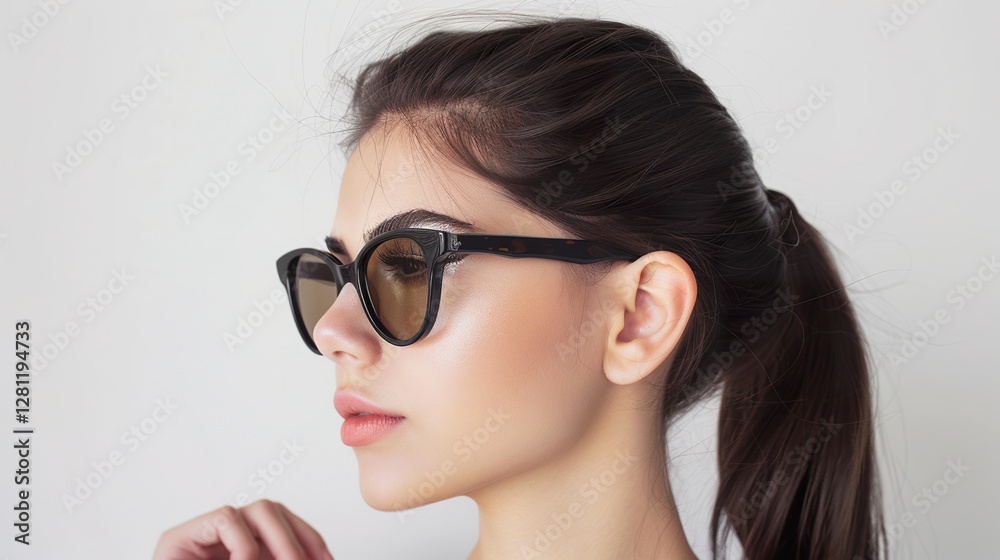 A Young Woman with Stylish Black Glasses Isolated on White Background A Young Woman with Stylish Black Glasses Isolated on White Background