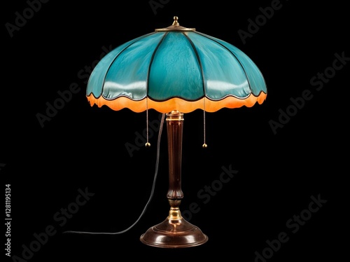 The soft glow of a vintage table lamp is highlighted in a low light setting with a dark background