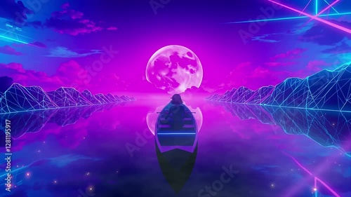 Wallpaper Mural Futuristic Boat Under Neon Moon. Perfect for synthwave, retro wave, and ambient music. Seamless looping time lapse animation video background, lo-fi art.
 Torontodigital.ca