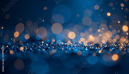 Deep blue background with countless golden and white light particles, creating a shimmering cosmic bokeh effect, adding a celestial vibe