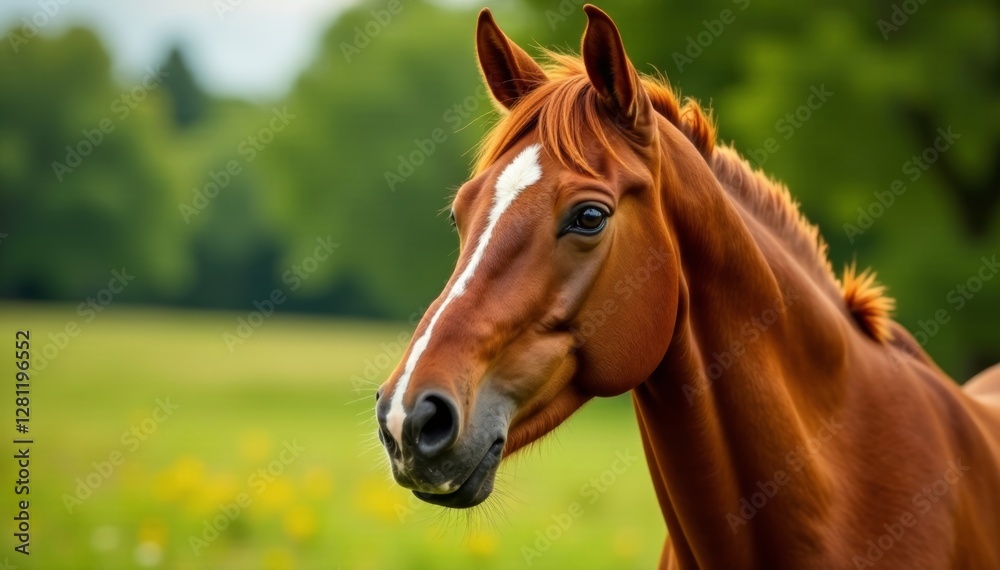 Portrait of a chestnut stallion with ears perked up and eyes focused on something in the background , focus, attentionful Portrait of a chestnut stallion with ears perked up and eyes focused on something in the background , focus, attentionful