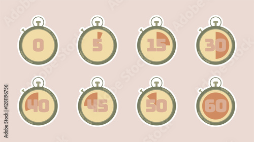 Stylized stopwatch timer illustration. Sseries of stylized stopwatches, each displaying different time intervals ranging from 0 to 60 seconds.