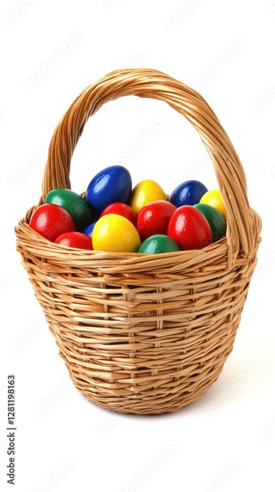 Naklejka premium a basket with bright Easter eggs on a white background