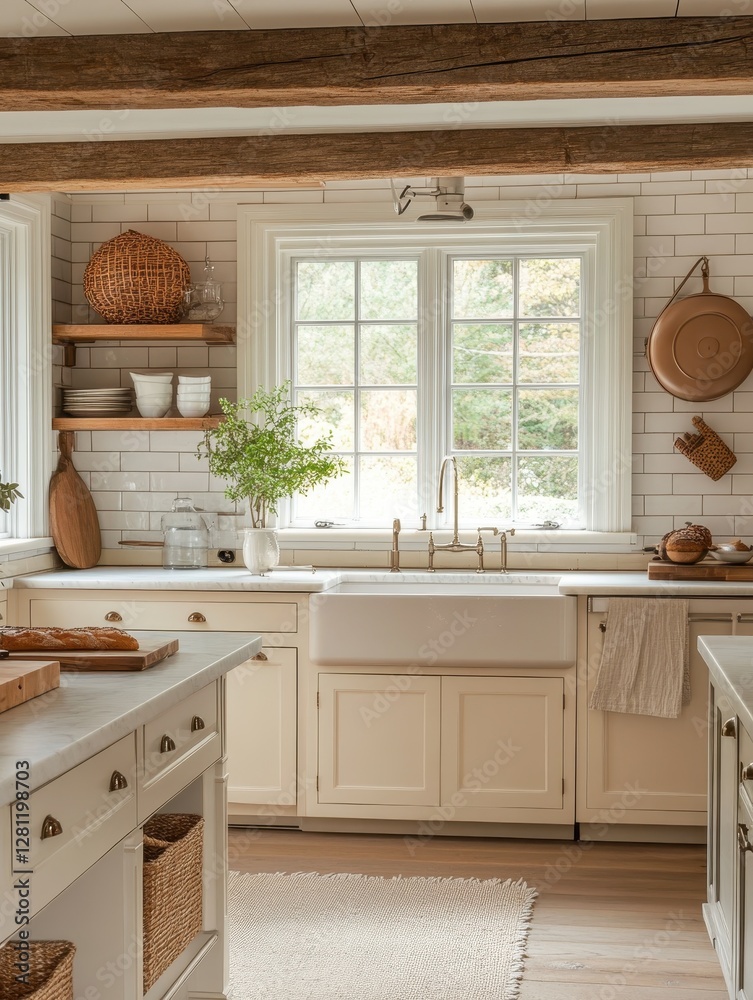 Fototapeta premium Cozy kitchen showcases a clean rustic farmhouse style kitchen design