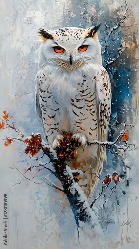 Majestic White Owl in Snowy Winter Landscape with Intense Orange Eyes, Captivating Wildlife Portrait, Symbolic of Wisdom, Solitude, and Nature's Beauty in Frozen, Generative AI