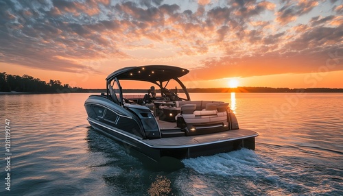 Sporty and sleek aluminum boat, optimized for various water activities, shimmering finish, hightech, and efficient design, cruising on open waters under a clear sky