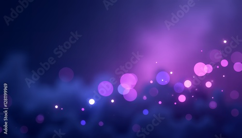 Subtle gradient from dark blue to deep purple with glowing white and lilac bokeh lights, cosmic and abstract, creating a mystical and surreal atmosphere